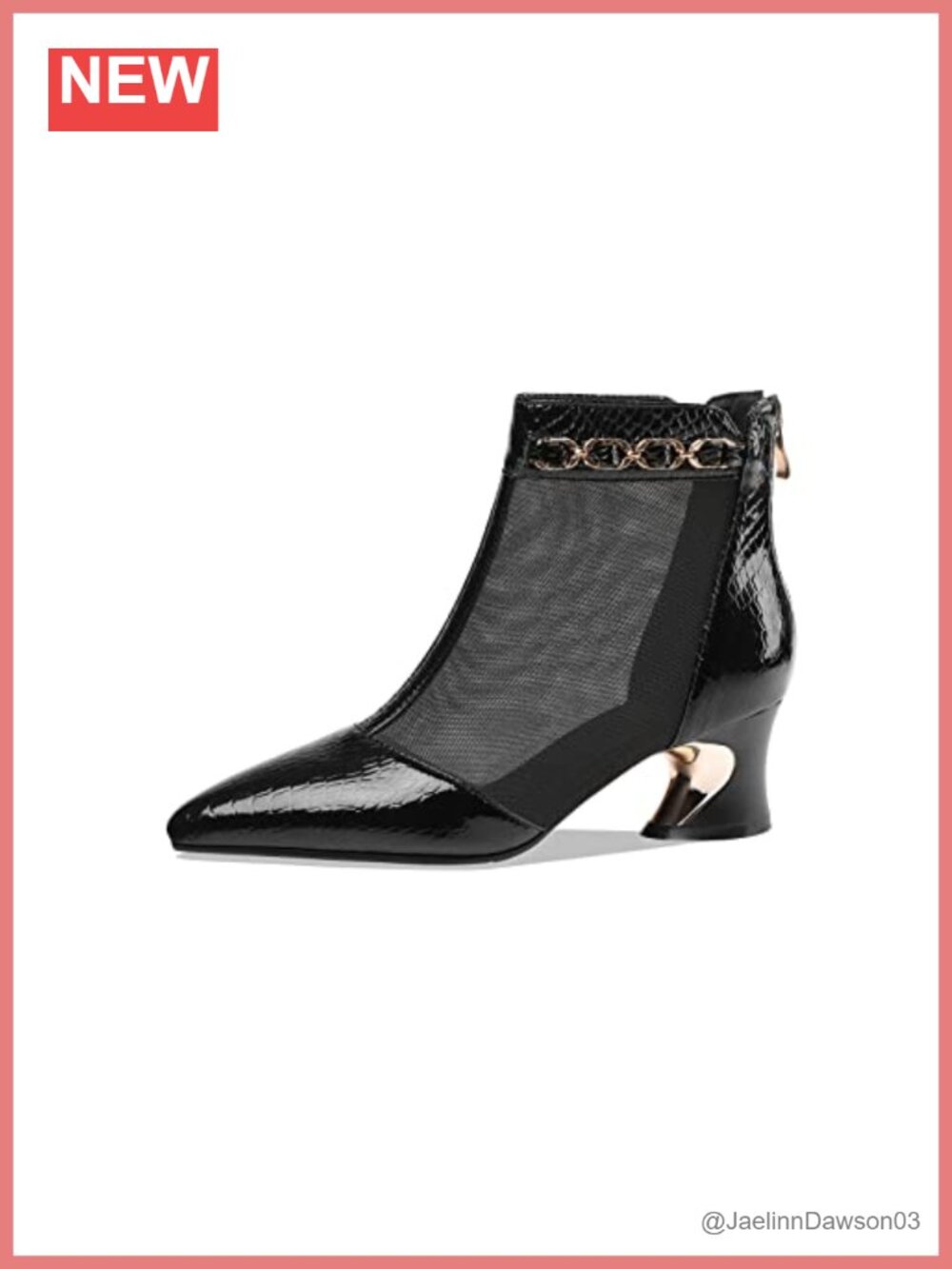 Genuine Leather Mesh Pointed Toe Ankle Boots Block Heel Zip Chain